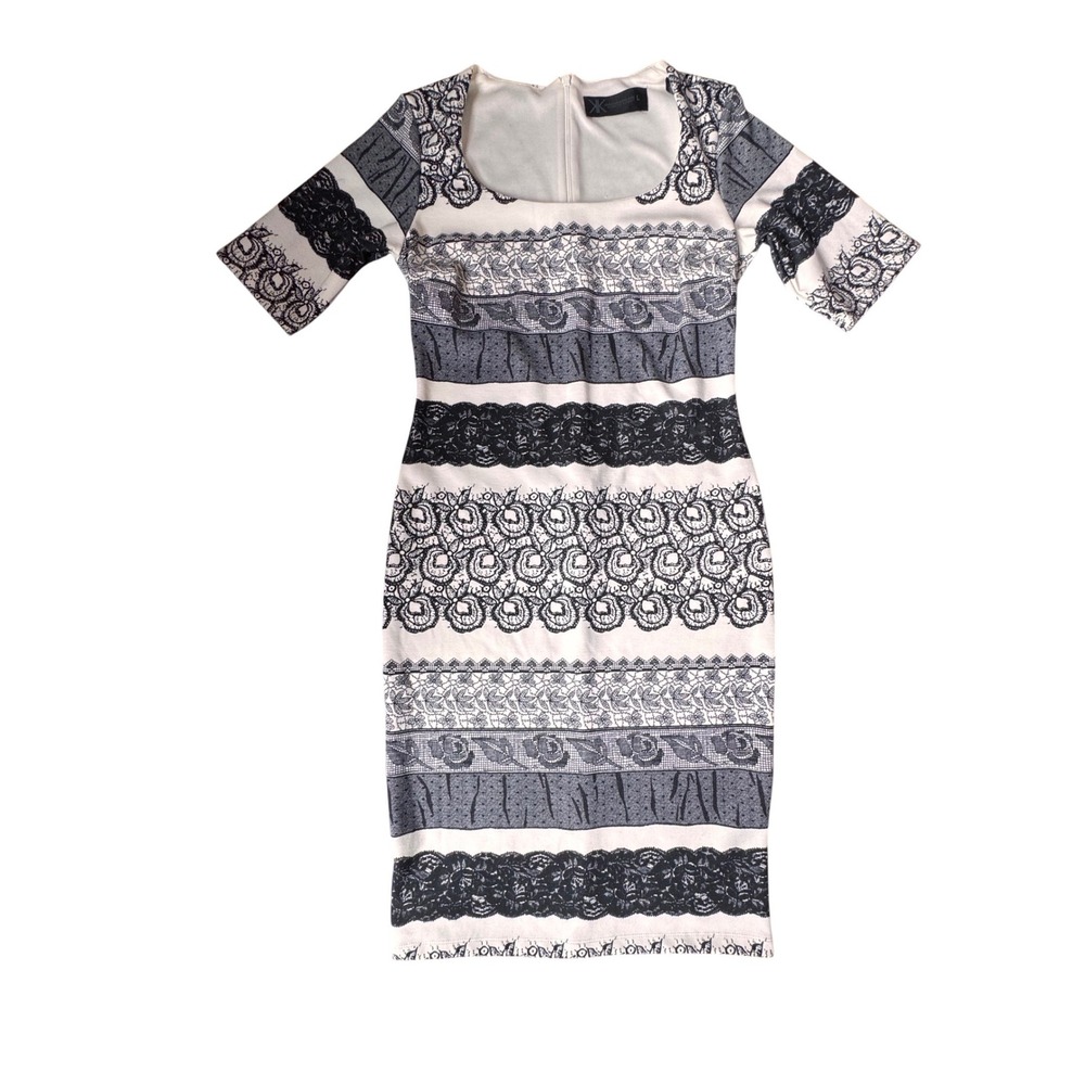 Kardashian Kollection Sheath Dress‎ Size L Black White Patterned Knee Length